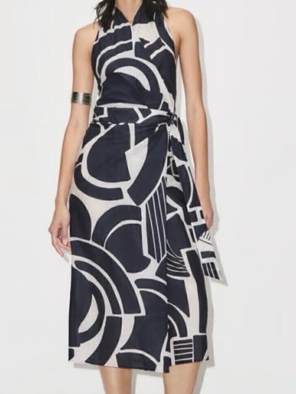 Zara Navy and White Halter Tie-Waist Midi Dress NWOT